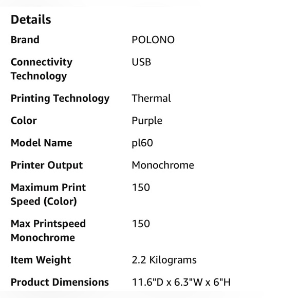 POLONO Label Printer 150mm/s 4x6 Thermal Label Printer PL60 - Purple - Picture 11 of 13